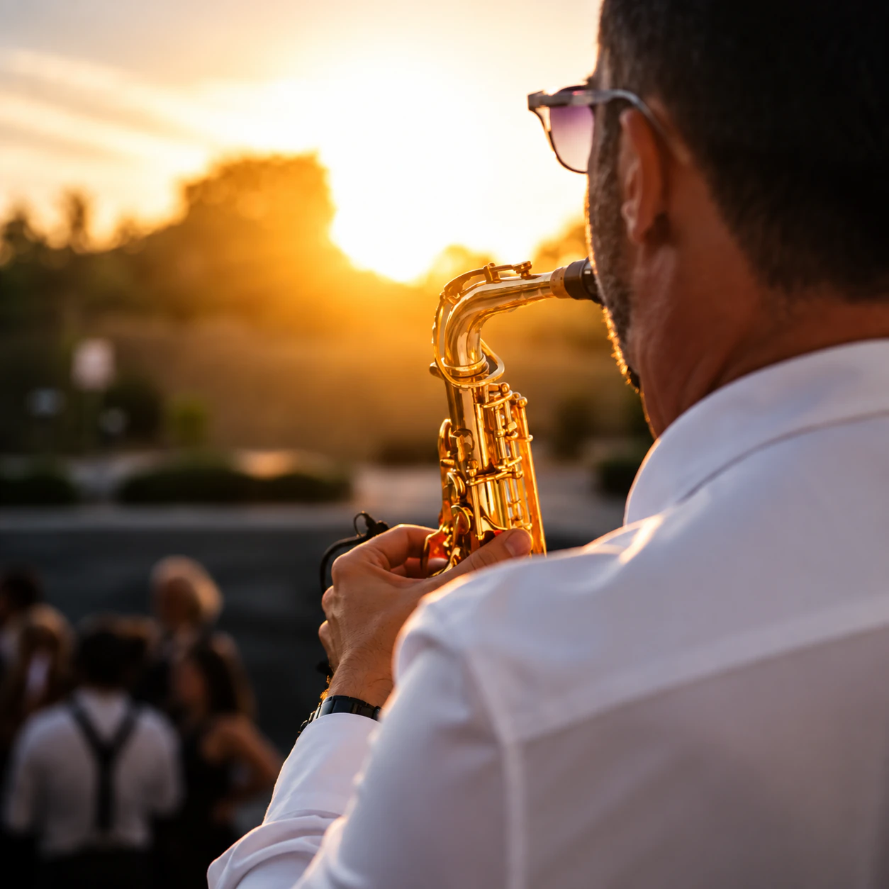 Tom Sax contemplant le coucher de soleil avec son saxophone