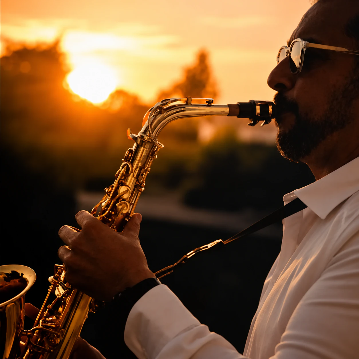 Tom Sax silhouette profil au saxophone face au soleil couchant